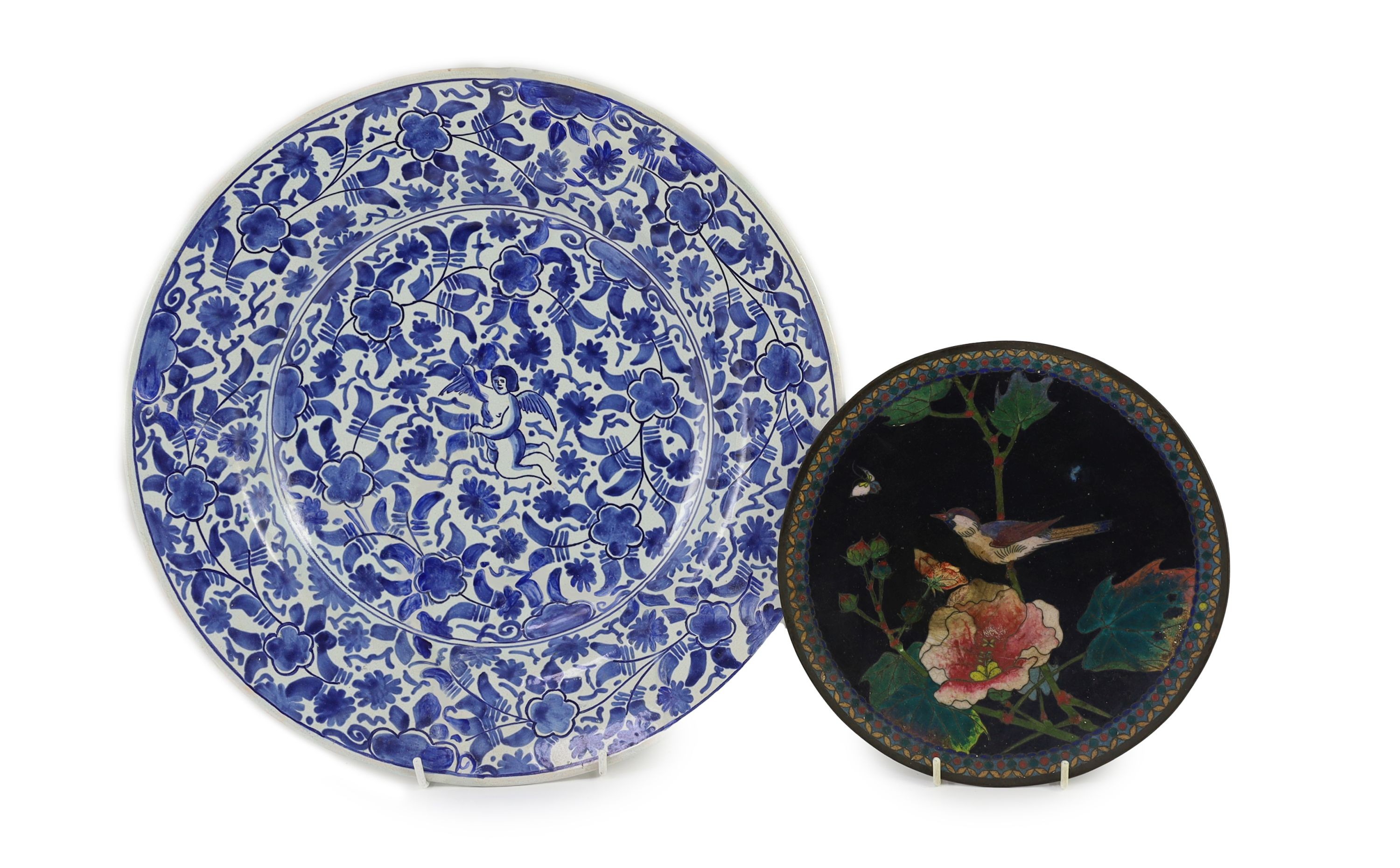 A Delft Roos factory blue and white dish and a Japanese cloisonné enamel dish